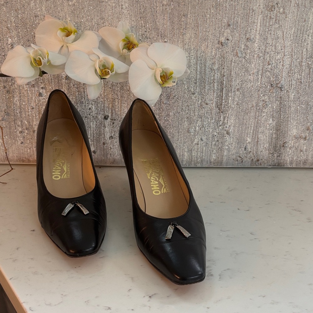 Salvatore Ferragamo Black Leather Heels with Silver Accents